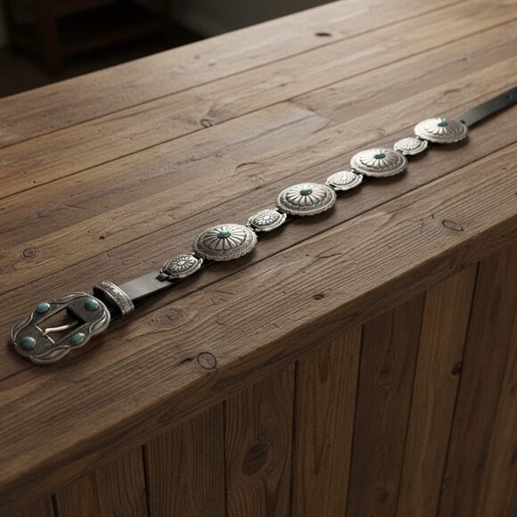 Vintage Inspired Western Concho Belt Black Silver Turquoise NEW - Picture 3 of 4